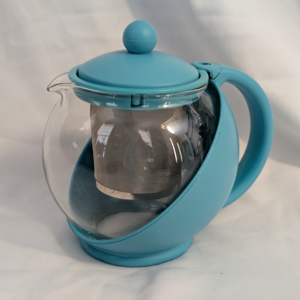 QVC Half Moon Glass Teapot w/ Infuser Basket & Measuring Spoon Aqua Blue 24 oz